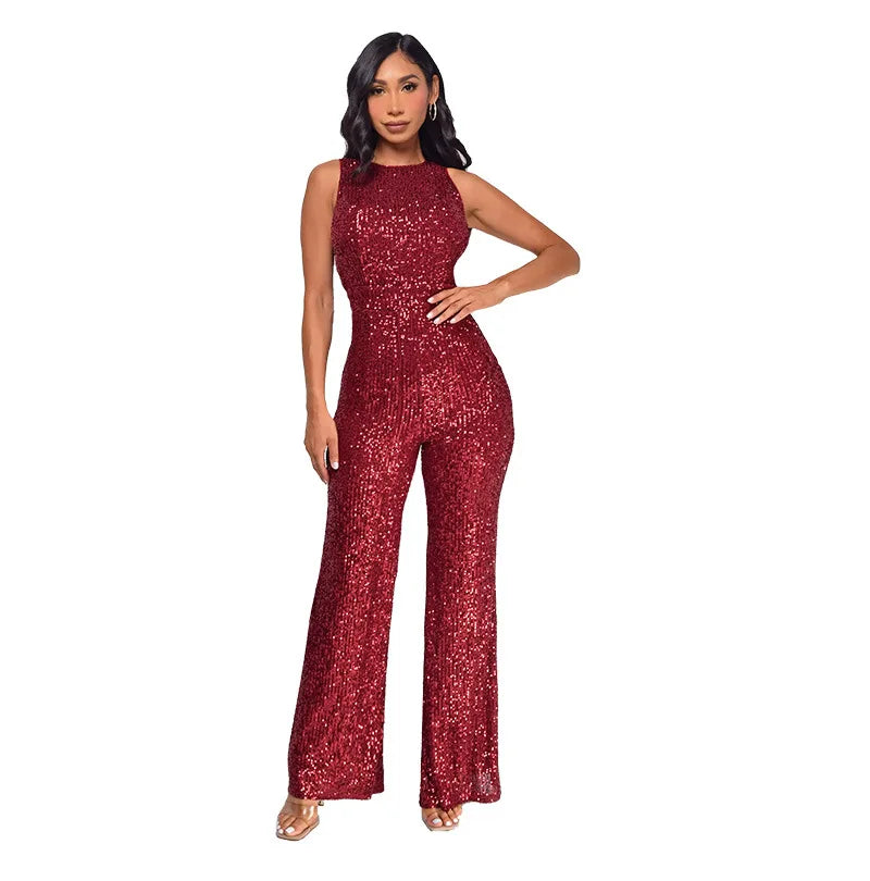 Glitter Sequin Round Neck Sleeveless High Waist Slim Fit Jumpsuit for Women