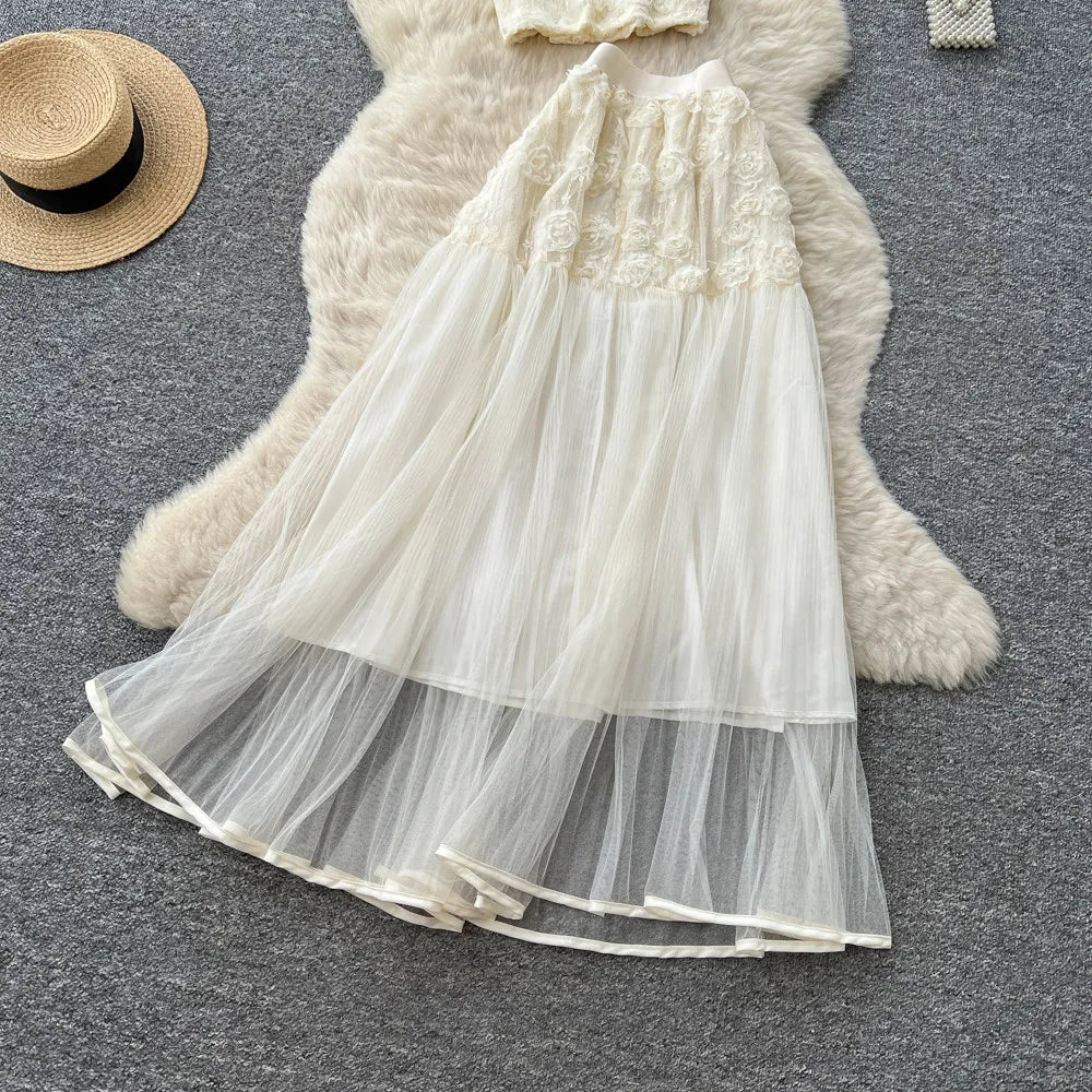 3D Floral Lace Camisole and Pleated Skirt Set for Women