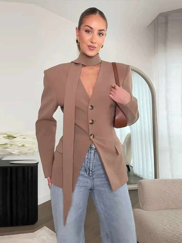 Elegant Slim V-Neck Scarf Trim Blazer Coat for Women
