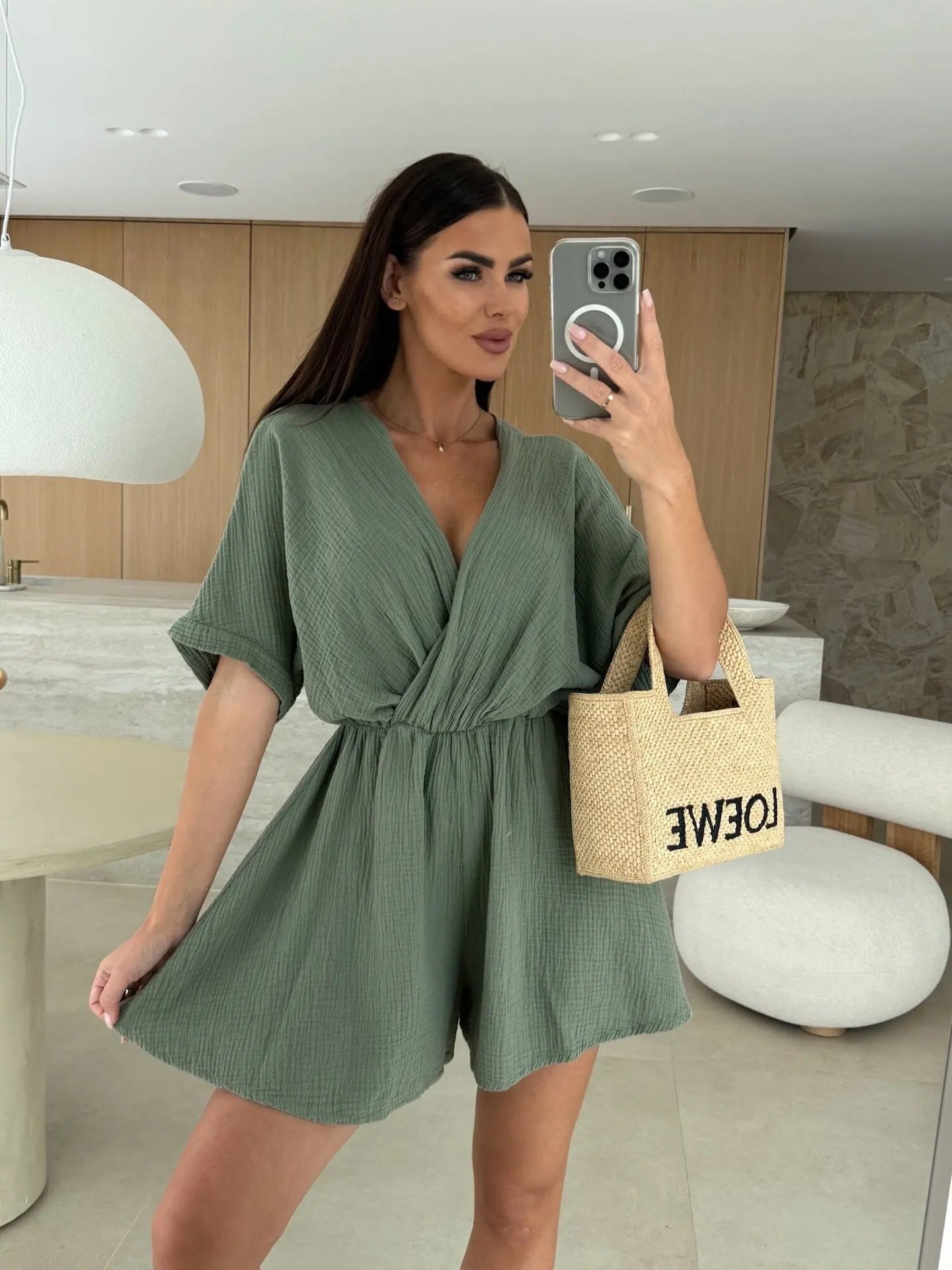 Elegant Deep V Neck Short Sleeve White Romper for Women