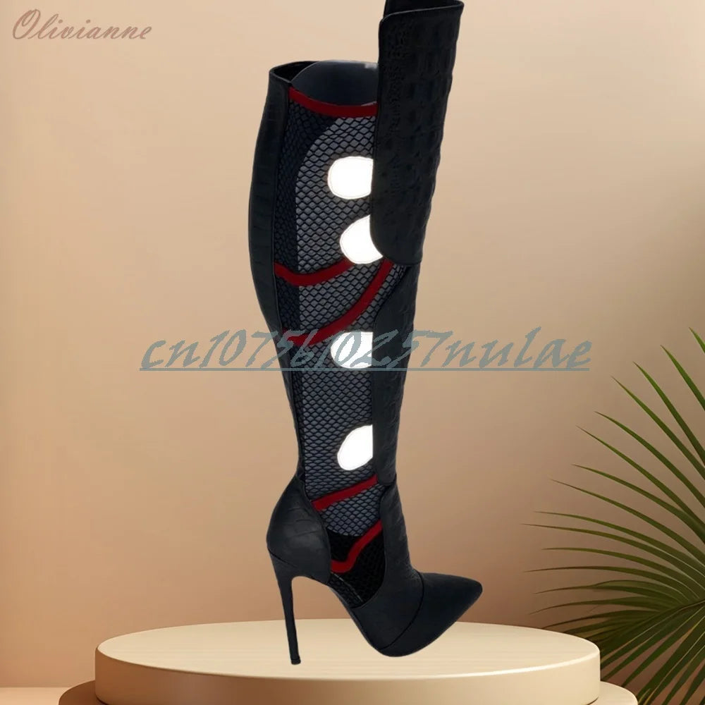 Hollow Net Design Mutilcolor Mid Calf Boots Side Zipper Stiletto High Heel Party Fashion Women Shoes 2025 Summer New Para Mujere