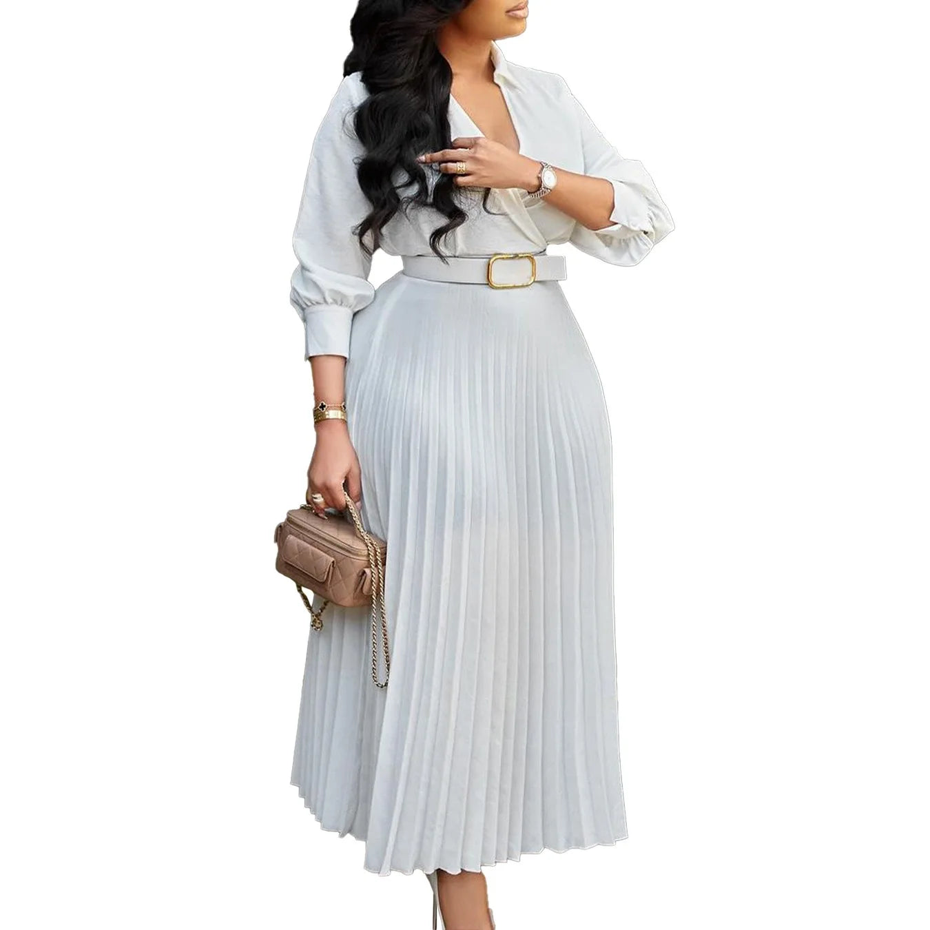 Elegant Office Dresses for Women Pleated Deep V Neck Full Sleeve Belt Waisted Ankle Length African Business Work Wear Dress New