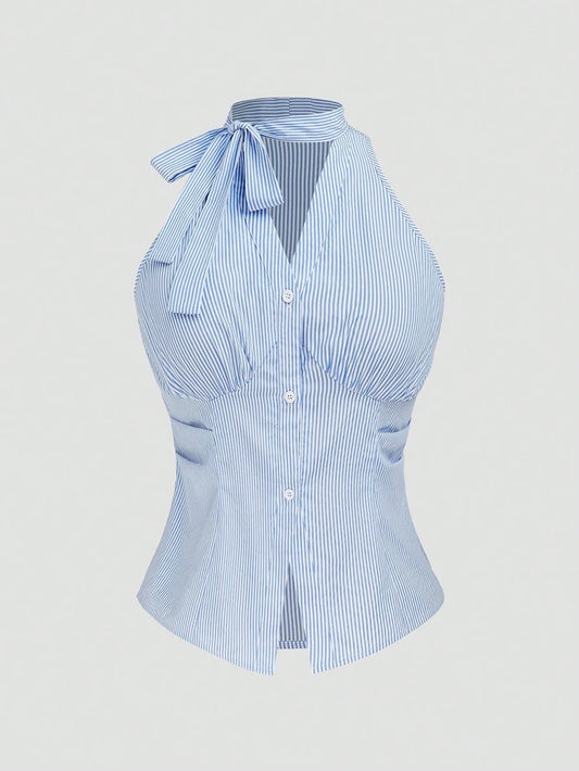 Women's Plus Size Scholar Style Teenage Casual Sleeveless Bow High Waist Slim Fit Striped Top  Asymmetrical/Irregular Backless