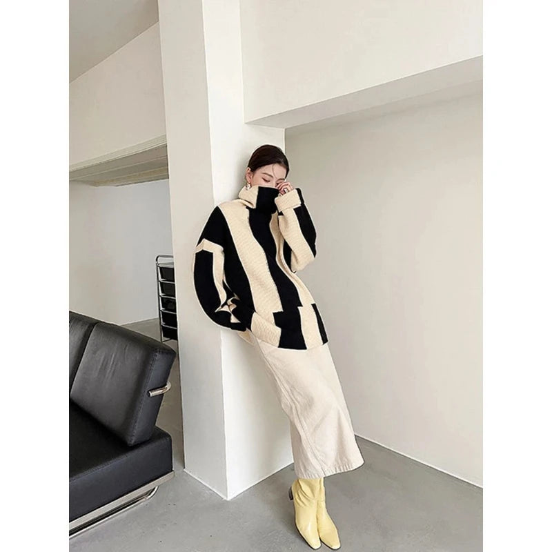 Relaxed Fit Striped Turtleneck Knit Sweater for Women