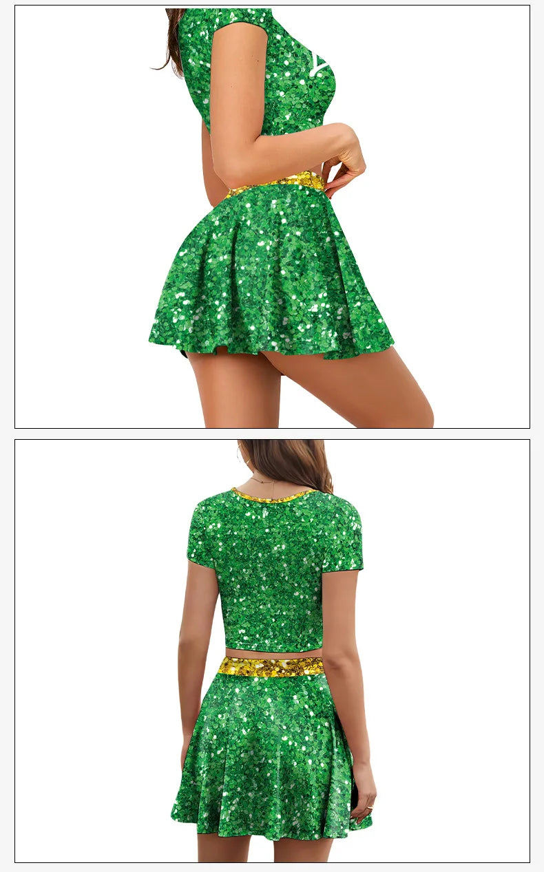 Festive Irish Green Shamrock Plaid Knit Skirt Set for Women