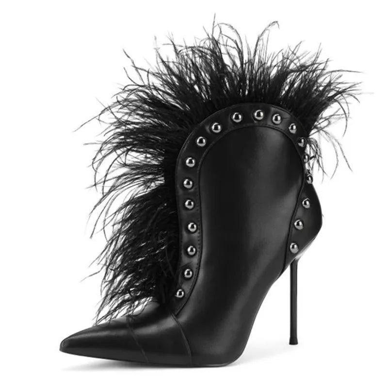Feather Rivet Embellished Pointed Toe Ankle Boots for Women