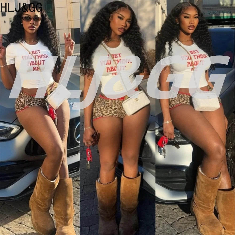 Leopard Print Two Piece Crop Top and Shorts Set for Women