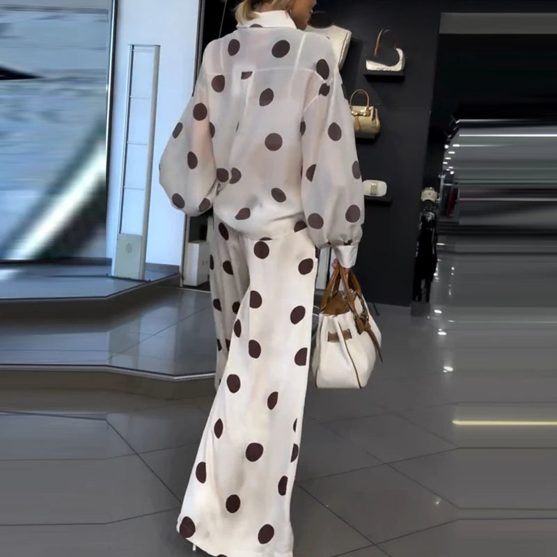 Elegant Polka Dot Print Chiffon Outfit Fashion Lapel Button Shirt & Long Pant Suit Women Casual Long Sleeve Pocket Loose 2Pc Set