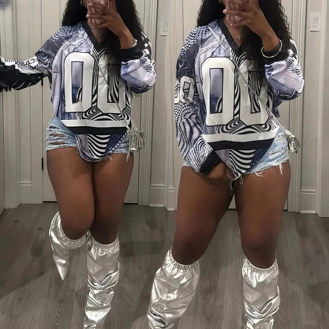 FAGADOER New Spring 2025 Fashion Letter Print T Shirt Women Long Sleeves V Neck Loose Tshirt Casual Female Streetwear Clothing