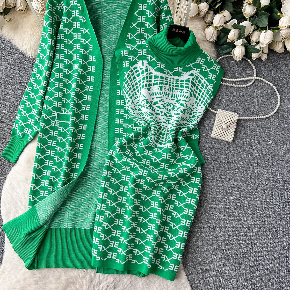 Cozy Winter Knit Dress And Cardigan