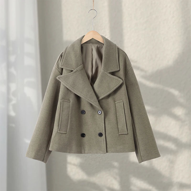 Double Breasted Cropped Jacket With Turn Down Collar for Women