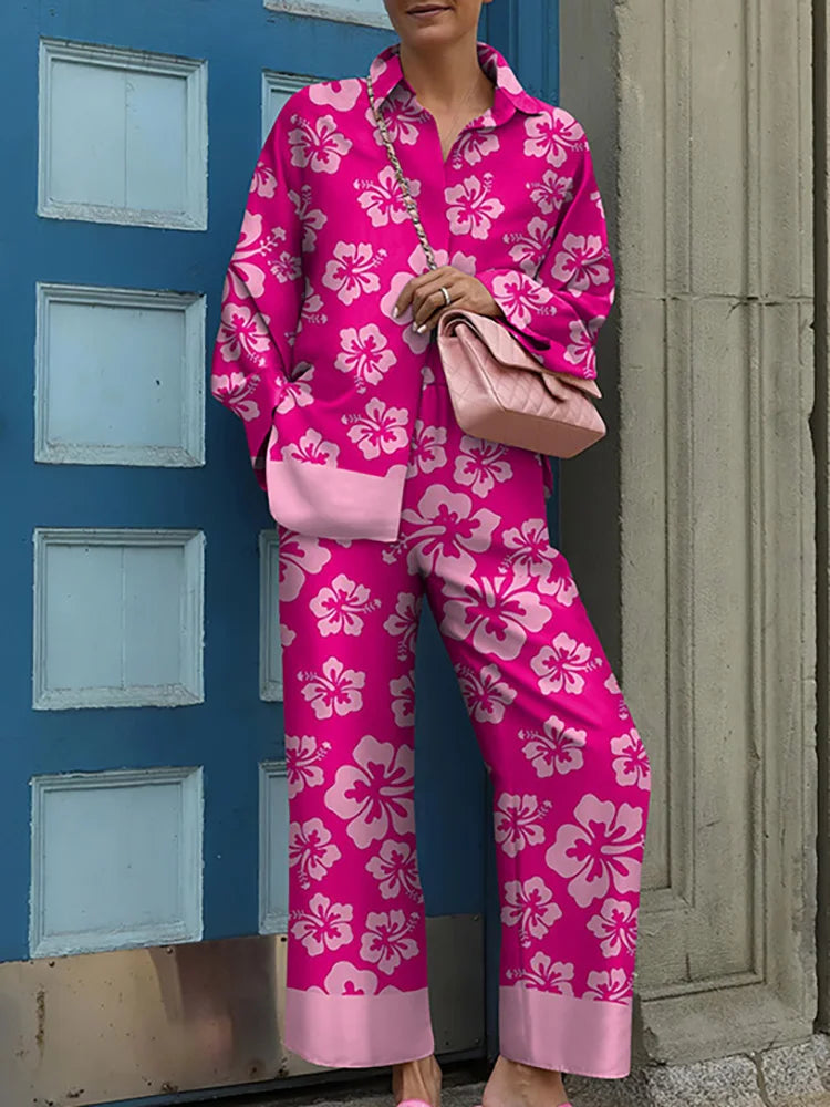 Vintage Printed Two Piece Trouser Suit Set for Women
