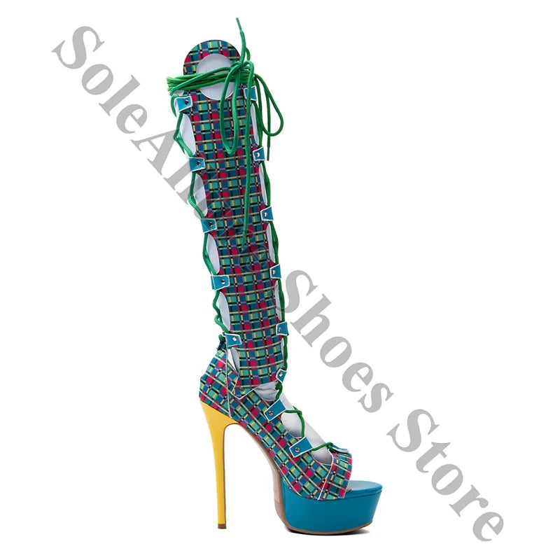 Colorful Plaid Peep Toe Knee High Lace Up Boots for Women