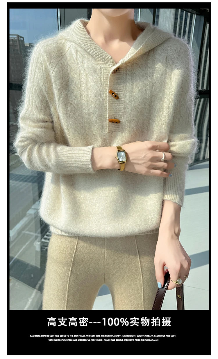 Chunky Knit Loose Hooded Pullover Sweater for Women