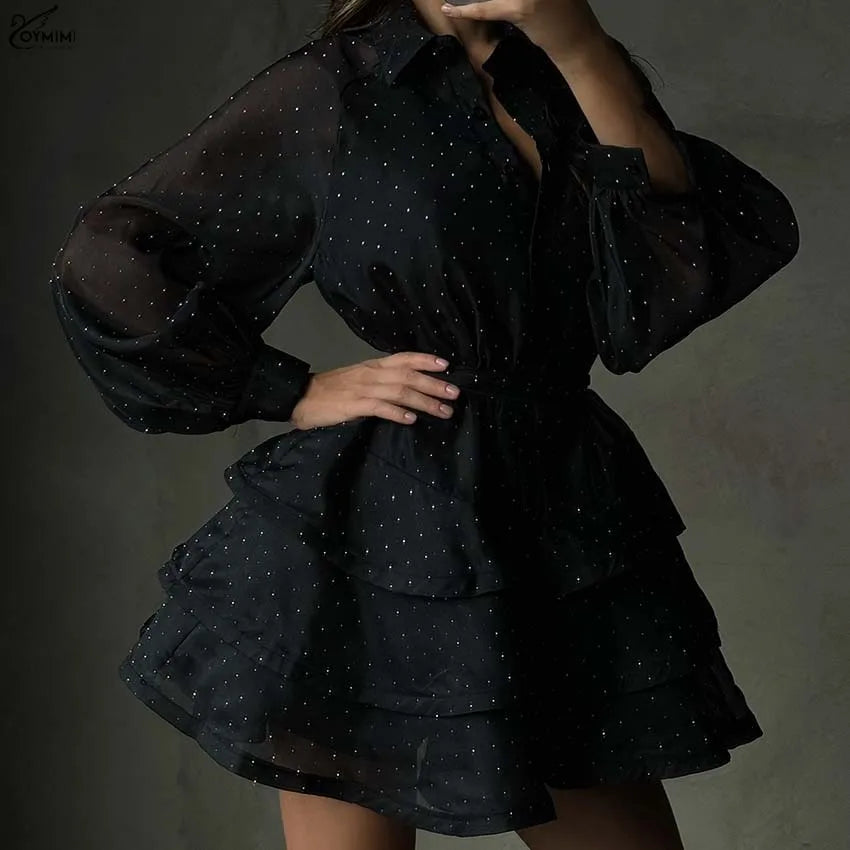 Oymimi Fashion Black Rhinestone Women's Dress Casual Lapel Long Sleeve Button Dresses Elegant New Lace-Up Pleated Mini Dresses