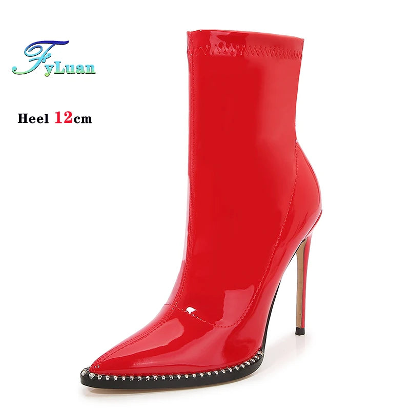 Elegant Rhinestone Bordered Side Zipper High Heel Ankle Boots for Women