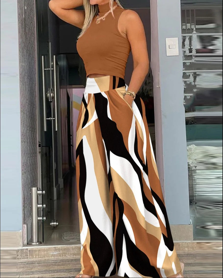 Printed Sleeveless Elegant Two Piece Set for Women