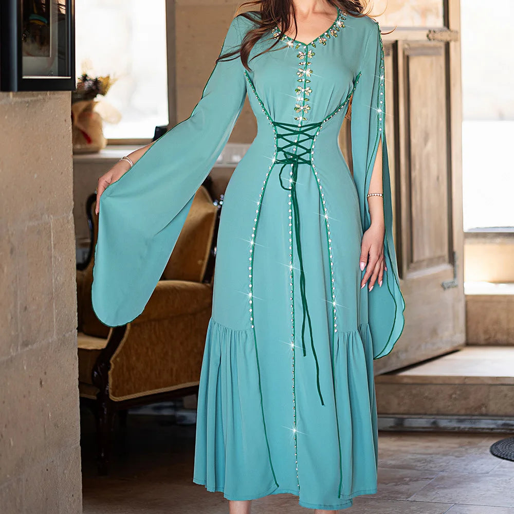 Diamond Embellished Moroccan Kaftan Maxi Dress for Women