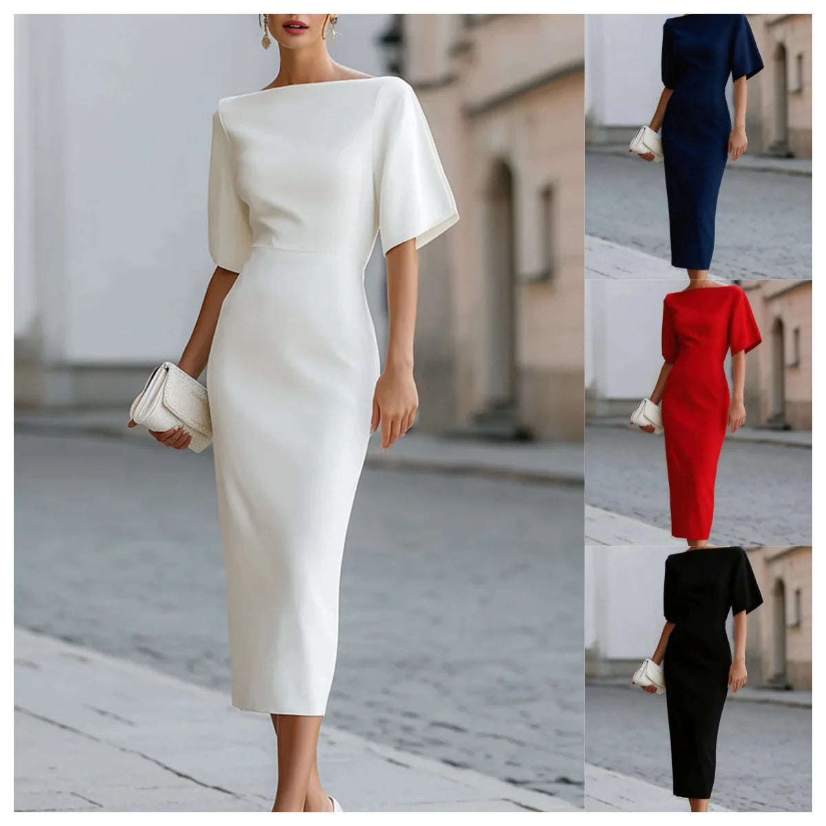 Elegant Office Midi Dress With Short Sleeves For Women