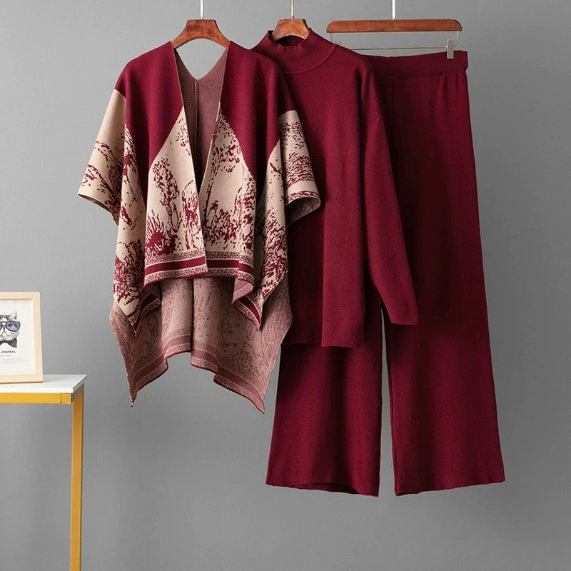 Loose Jacquard Knit Sweater and Wide Leg Pants Set for Women
