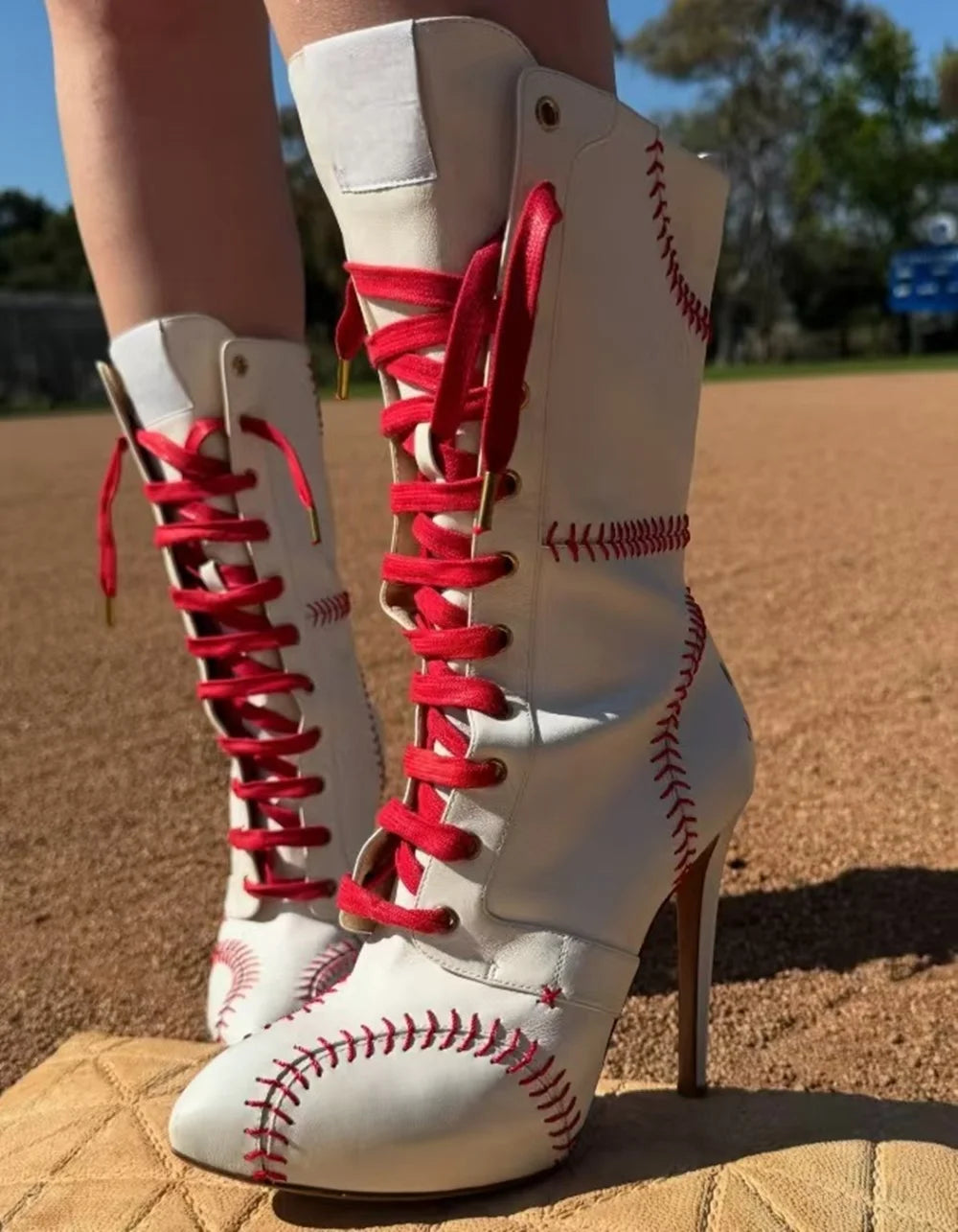 White Red Baseball Lace Stiletto Boots