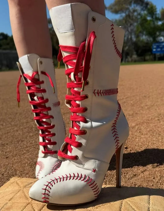 White Red Baseball Lace Stiletto Boots