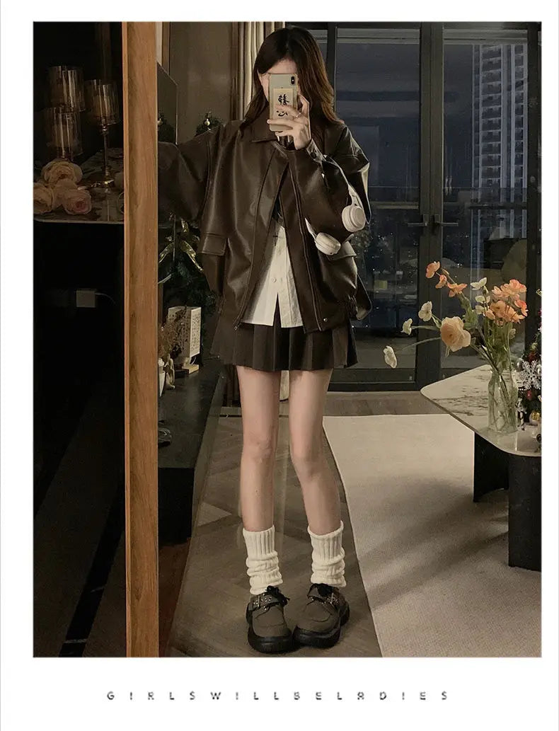 Short American Retro PU Leather Baseball Jacket for Women