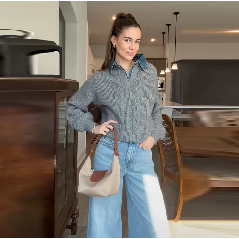 Long Sleeve Denim Collar Half Button Knit Top For Women