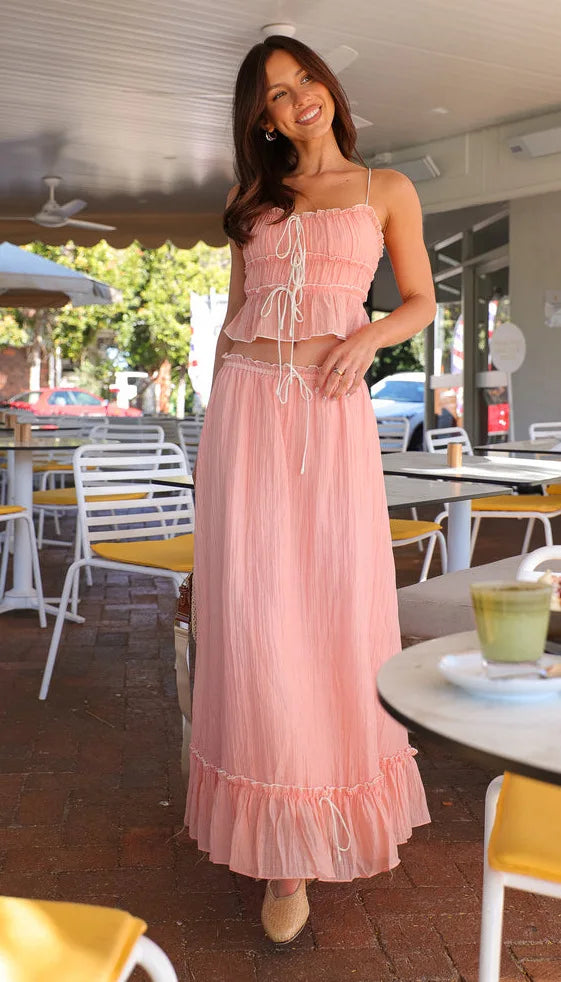 Pleated Bow Suspender Top and Skirt Two Piece Set for Women