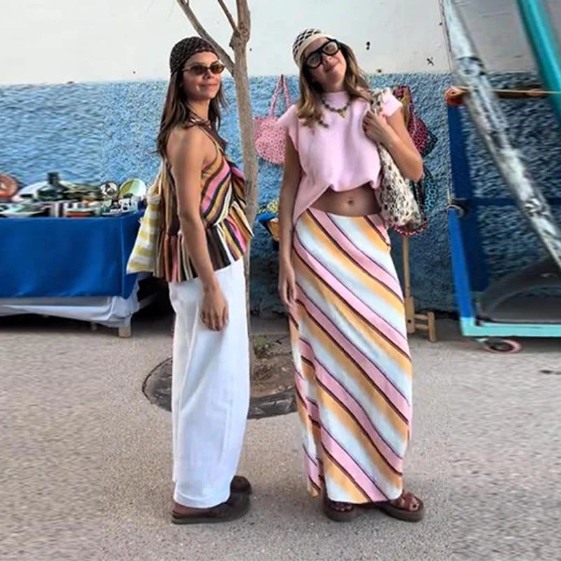Rainbow Striped Halter Tank Top With Ruffle Trim For Women