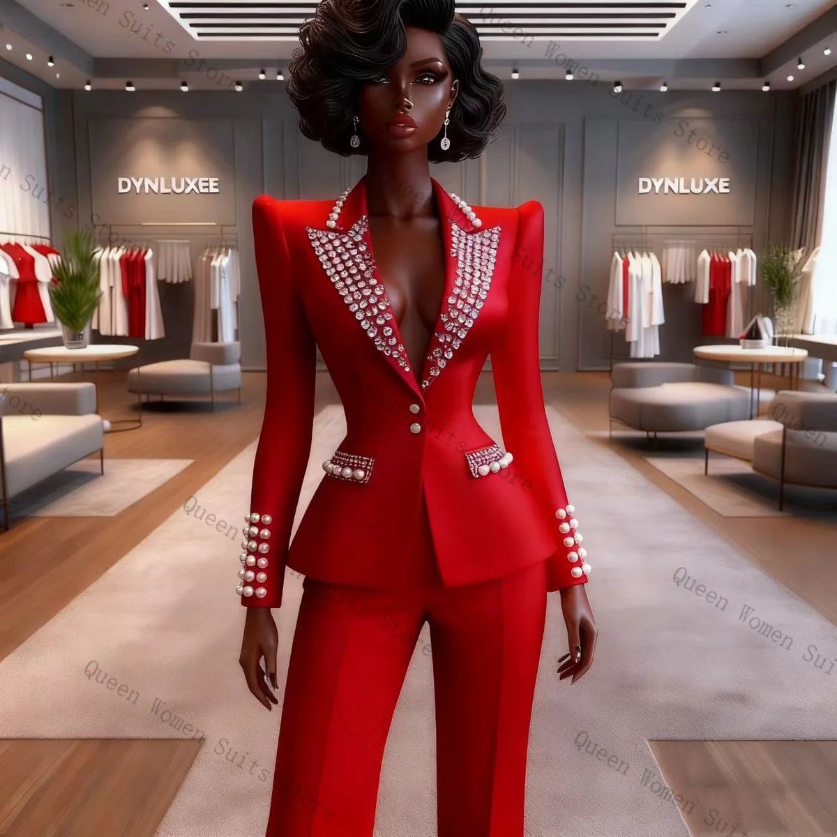 Classic Red Cotton Single Breasted Two Piece Suit For Women