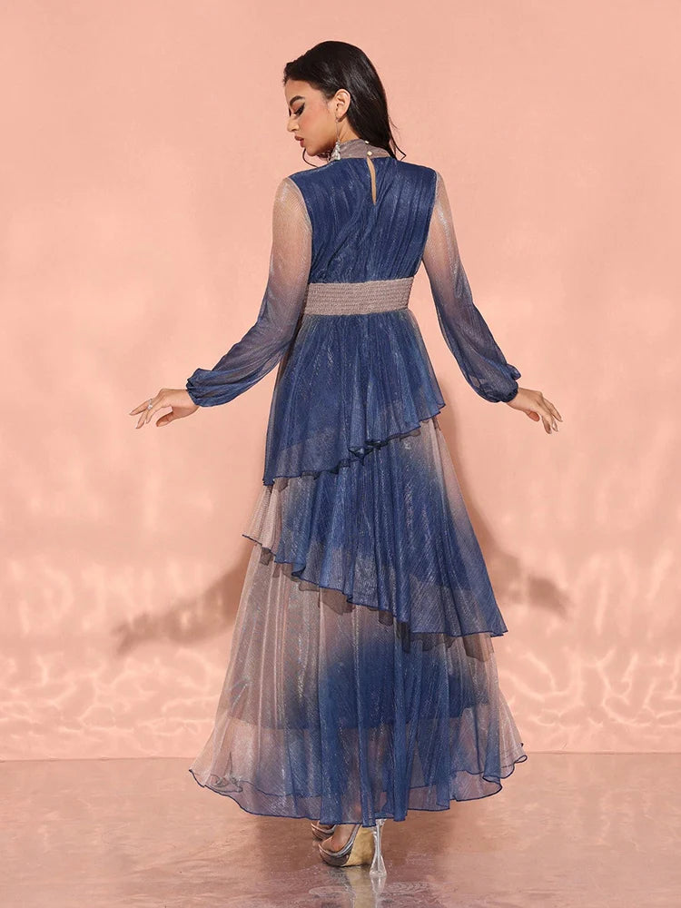 TOLEEN 2024 New Women's Luxury Elegant Party Evening Dress With Stand Collar, Lantern Sleeves, And Ruffle Hem In Gradient Fabric