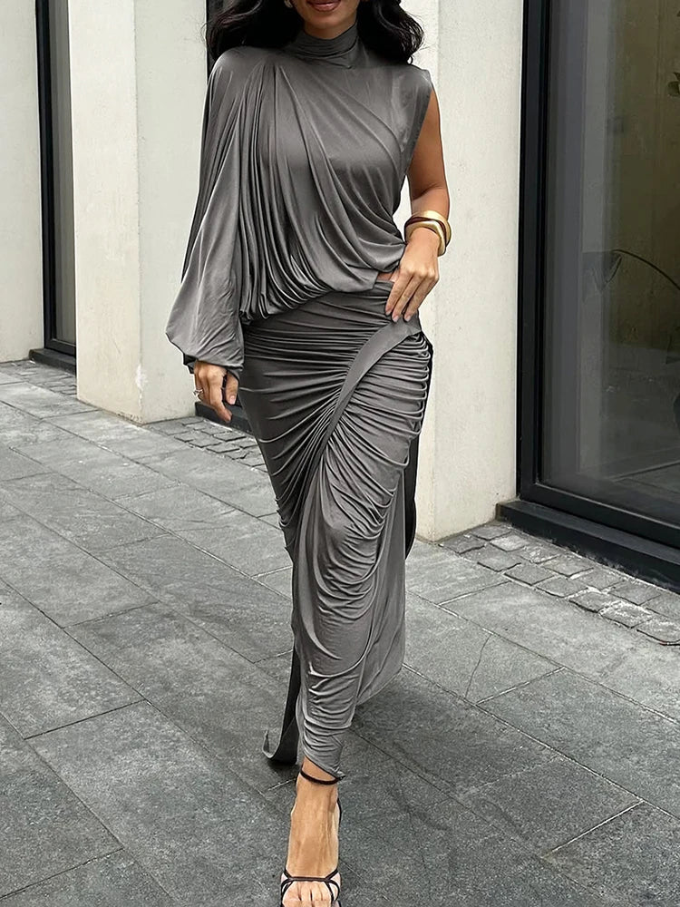 Pleated One-Sleeve Top Two-Piece Set