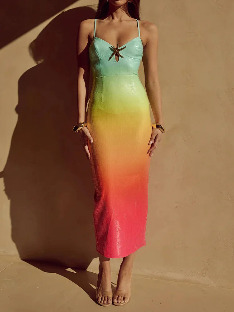 Sequined Patchwork Sleeveless Pencil Dress, Women Summer Gradient V Neck Fashion Party Dress, 2024 Backless Simple Ladies Dress