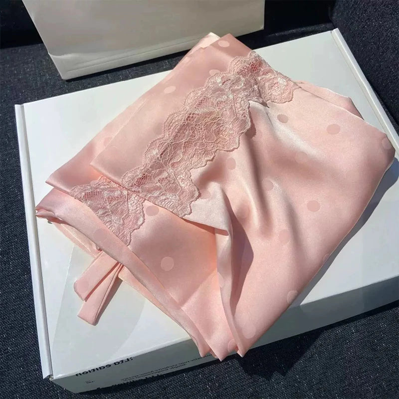 Y2k Pink Sweet Dot Lace Jacquard Women Pajamas French Romantic Lazy Lady Nightgown 2024 New Summer Korean Harajuku Home 2pc Set