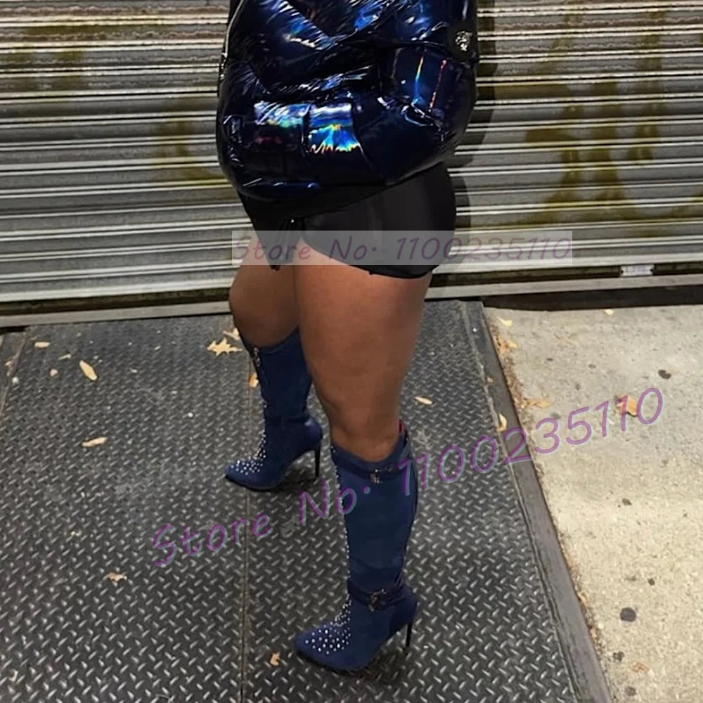 Crystal Embellished Pointed Toe Knee High Boots For Women