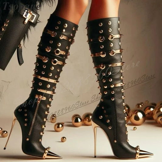Metallic Rivet Pointed Toe Boots