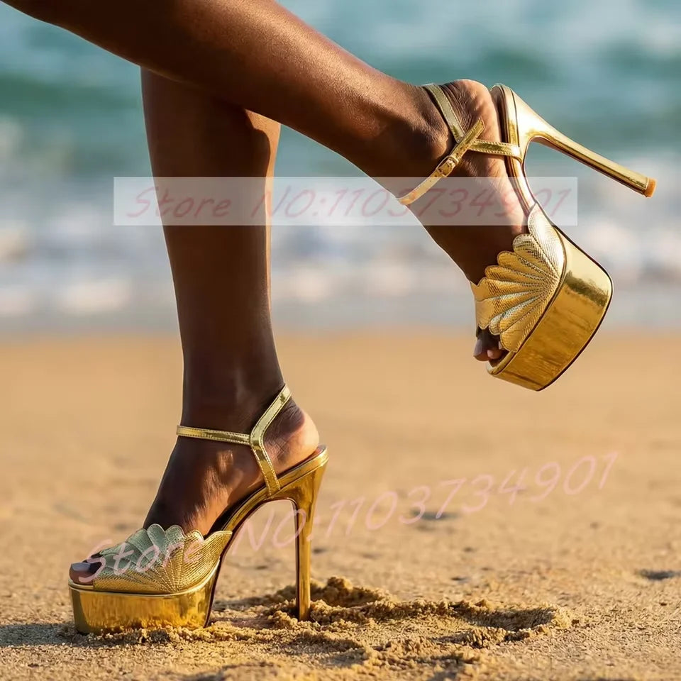 Metallic Scalloped Platform Sandals With Thin Heel For Women