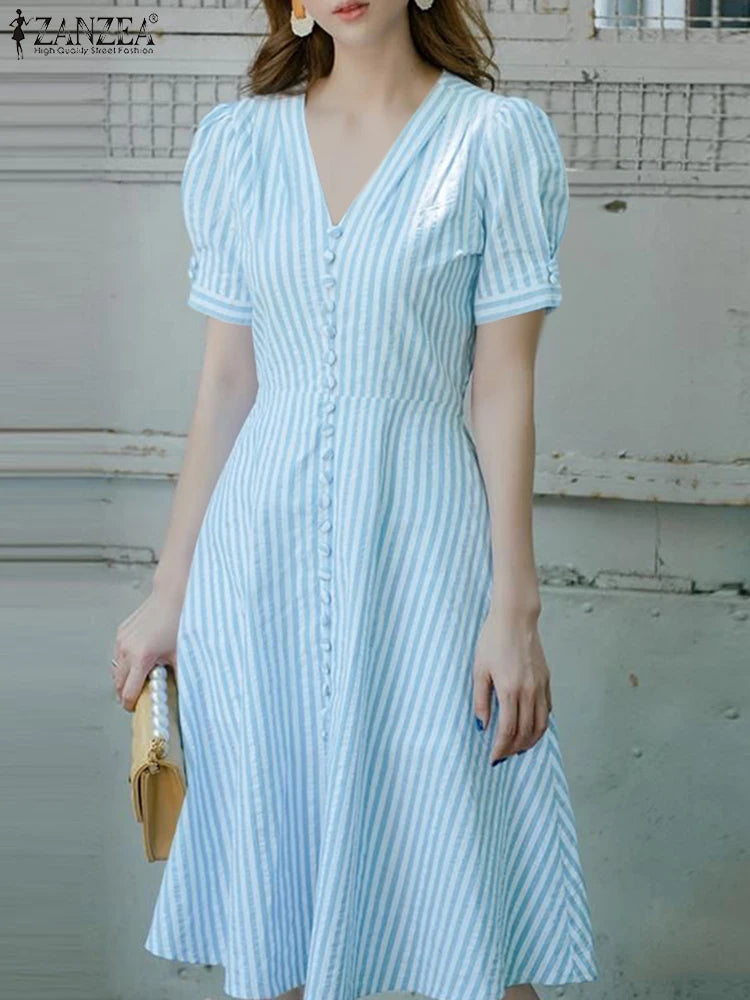 ZANZEA Women Elegant Striped Midi Dresses 2025 Summer Fashion V-Neck Short Puff Sleeve Fitted Waist A-Line Robes Femme Korean