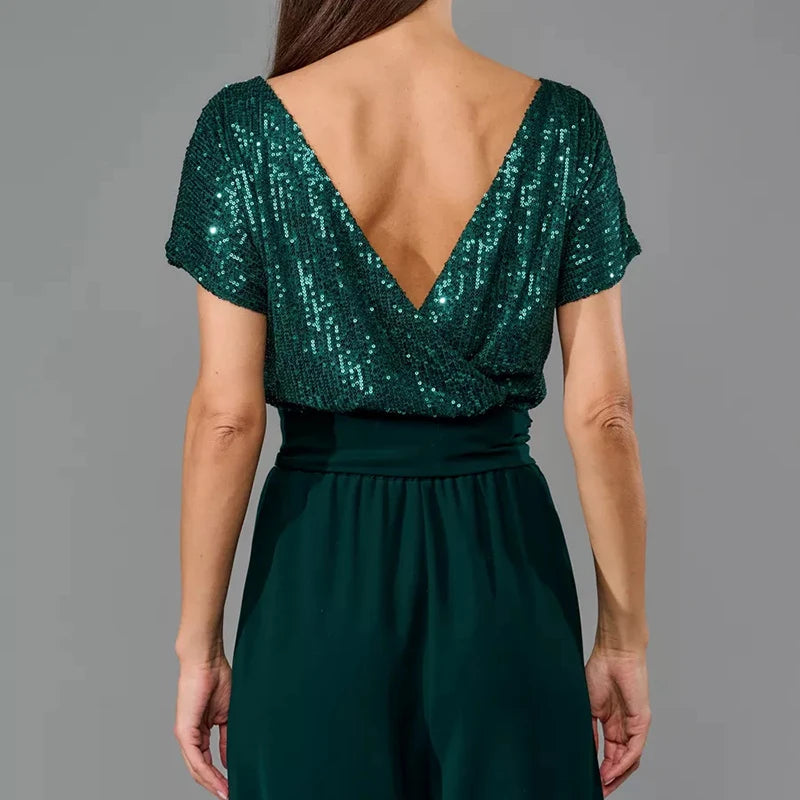 Sequin Patchwork High Waist Jumpsuit with Short Sleeves for Women