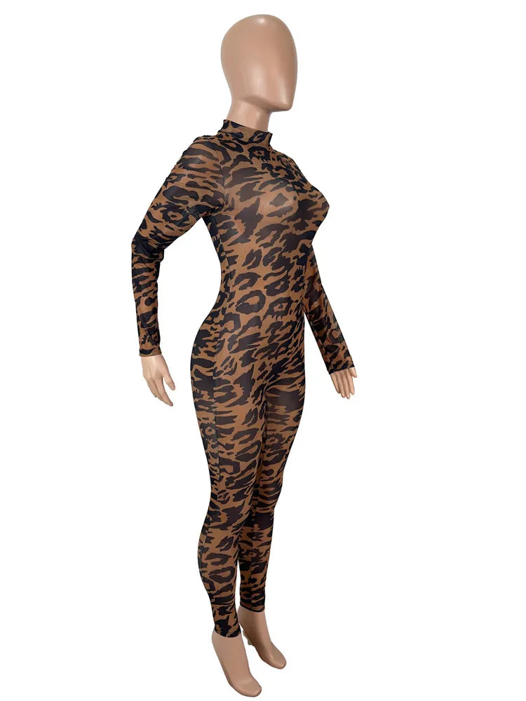 Leopard Print Mesh Flowy Long Sleeve Jumpsuit for Women
