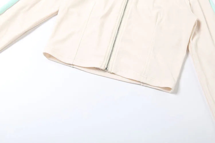 Sisterlinda Casual Sporty 2 Piece Set Women Letter Embroidery Zip Navel Exposed Jacket+Contrast Patchwork Shorts Simple Outfits