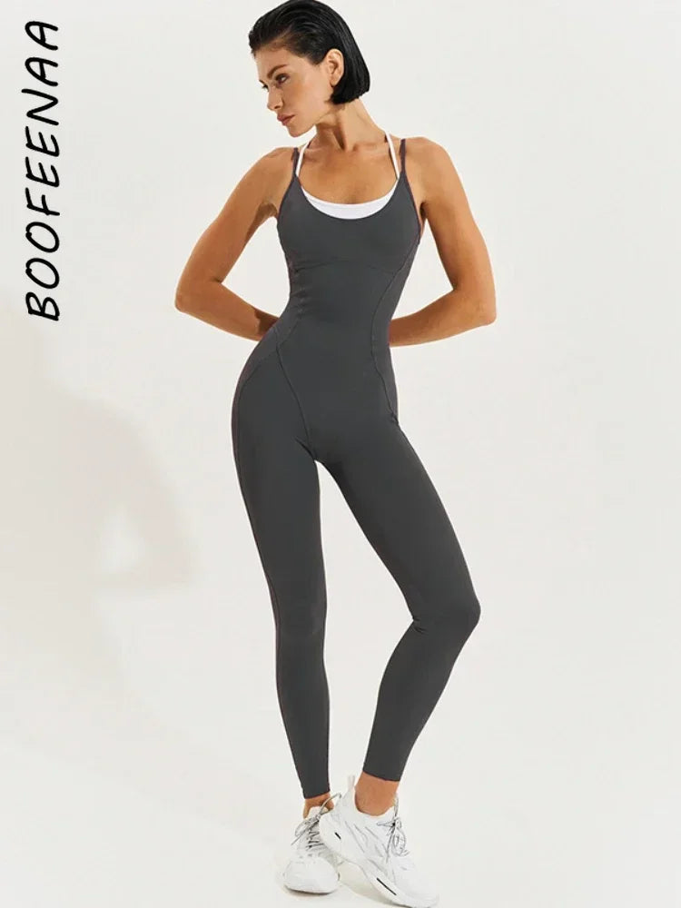 BOOFEENAA Patchwork Bodycon Halter Backless Jumpsuit Women Leggings Sports Yoga Clothes One Piece Outfits Active Wear C56-CI24