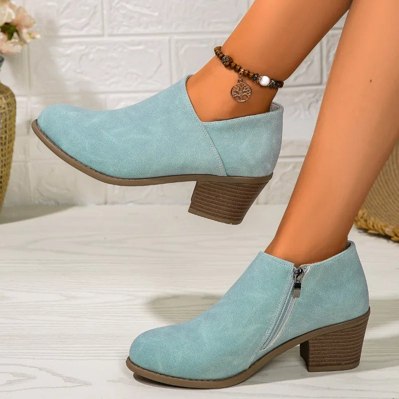 Elegant Suede Side Zipper Square Heel Ankle Boots for Women