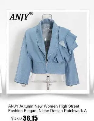 ANJY Autumn Winter New Women European Trendy Padded Coat Heavy-Duty Denim Patchwork Pocket Color-Block Hooded Down Jacket A12508