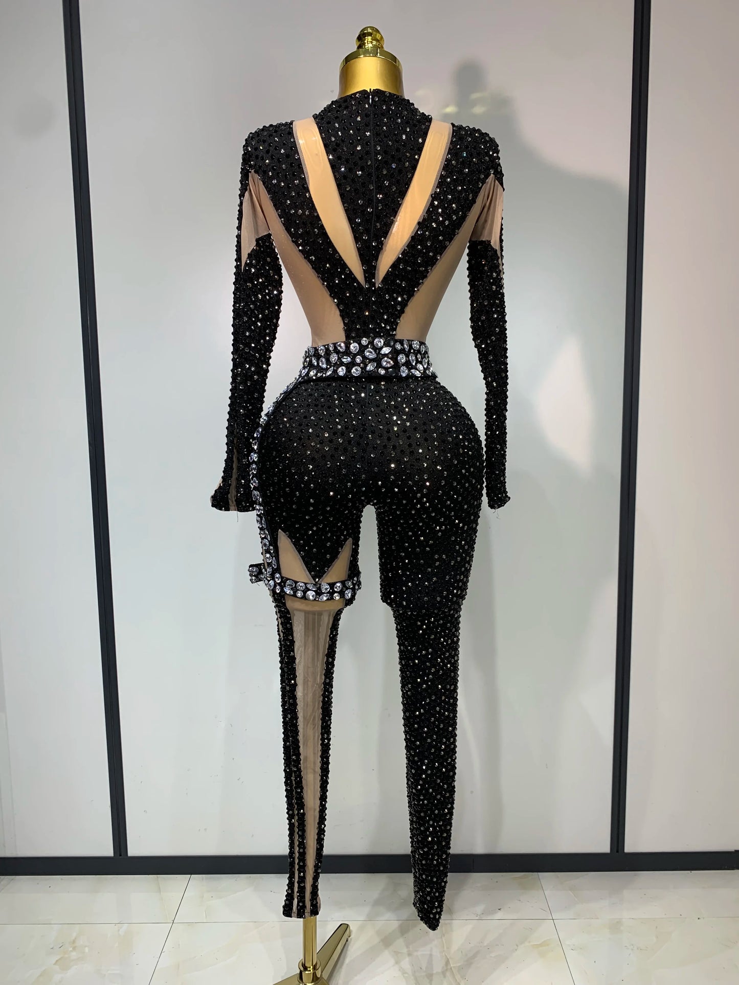 Sexy Sparkly Diamond Black Long Sleeves Bodycon Mesh Jumpsuit Evening Party Nightclub Bar Singer Performance Stage Costume