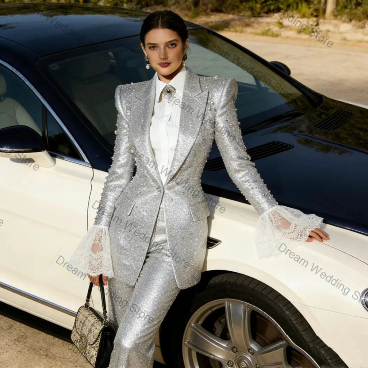 Classic Sequined Silver Two Piece Blazer And Pant Set For Women
