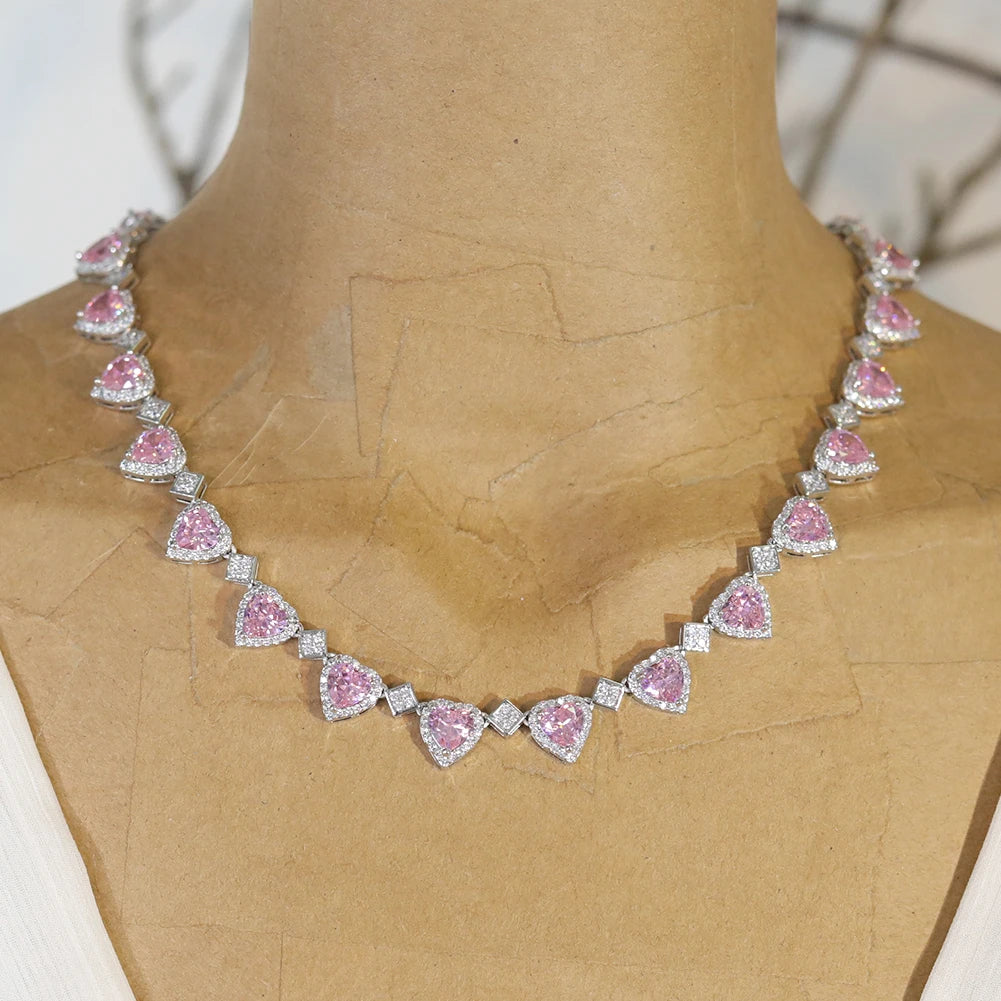 Pink Heart Crystal Necklace And Earring Set For Women