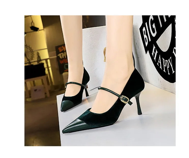 Suede Buckle Strap Pointed Toe Stiletto Pumps for Women
