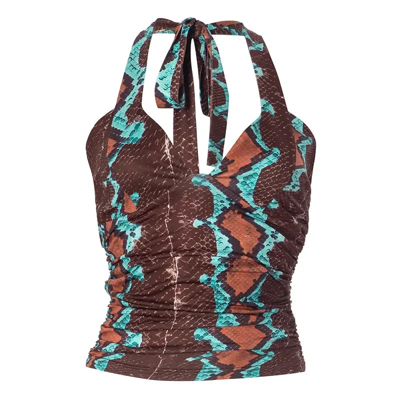 Aesthetic Print Pleated Halter Backless Crop Top for Women